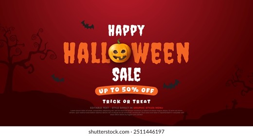 Halloween sale background with bats and pumpkin. Top view vector illustration.