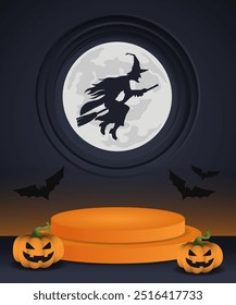 Halloween sale background design with 3d Podium round, spooky pumpkin, flying witch, moon with copy space area