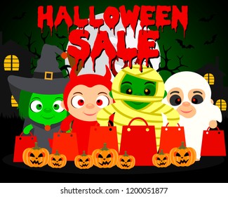 Halloween sale background with  kids in funny halloween costume.Vector illustration