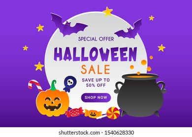 Halloween Sale Background in Paper Cut Style with Pumpkin Candy Bat Purple Background