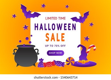 Halloween Sale Background Paper Cut Style with Candy Bat Witch's Hat Orange Background