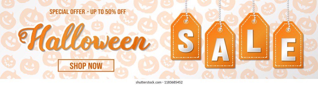 Halloween Sale - background with pumpkin lanterns. Vector.