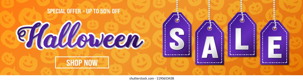 Halloween Sale - background with pumpkin lanterns. Vector.