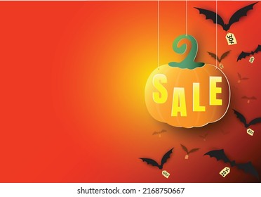 Halloween sale background with pumpkin paper art style, bats and %offer labels on orange background.Vector Illustration design.