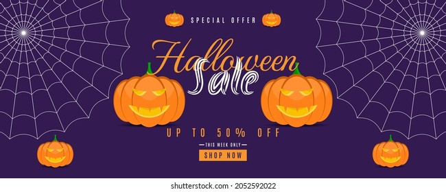 Halloween sale background with pumpkin and spider web elements. Very suitable for banner, poster, flyer, advertising, etc