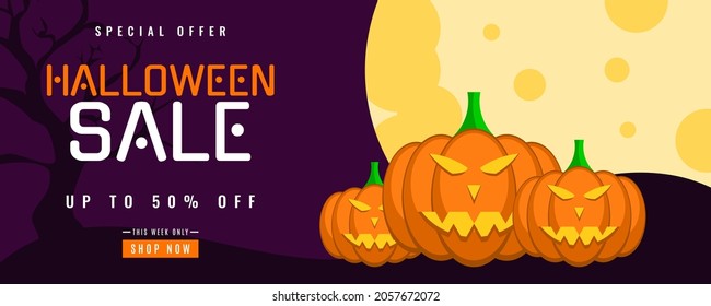 Halloween sale background with pumpkin and spider web elements. Very suitable for banner, poster, flyer, advertising, etc