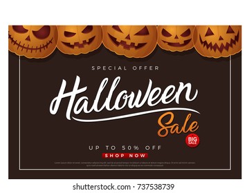 Halloween sale background with pumpkins flyer template. 31 october autumn seasonal sale with Halloween lettering logo for poster, webs, card, label, banner design. Vector illustration