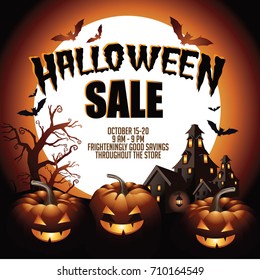 Halloween sale background with pumpkins, haunted house and copy space. EPS 10 vector.