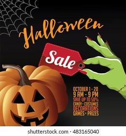 Halloween Sale Background with zombie hand and copy space. EPS 10 vector.