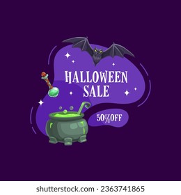 Halloween sale badge with holiday spooky bat, witch cauldron and potion bottle on amoeba blob. Isolated vector purple tag or banner for creepy festive seasonal discount and price off clearance event