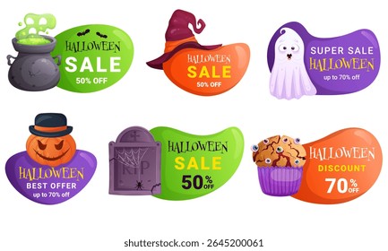 Halloween sale badge set with witch cauldron, ghost, pumpkin, potion, witch hat and creepy muffin. Cartoon discount label collection with spooky elements.