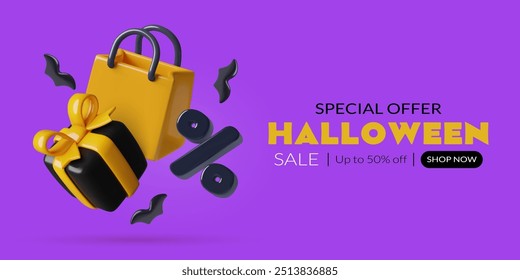 Diseño 3D del Anuncio de la venta de Halloween con la caja de regalo, el bolso de compras, la muestra del porcentaje y los murciélagos voladores. Objetos tridimensionales plásticos negros y naranjas del vector en fondo púrpura.