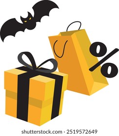 Diseño 3D del Anuncio de la venta de Halloween con la caja de regalo, el bolso de compras, la muestra del porcentaje y los murciélagos voladores. Objetos tridimensionales plásticos negros y naranjas del vector