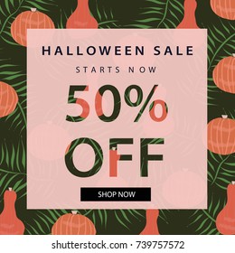 Halloween sale banner. Autumn poster template.With Halloween pumpkins and leaves.Vintage fashion.Vector illustration.