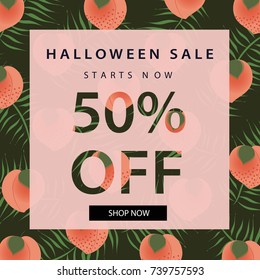 Halloween sale banner. Autumn poster template.With peaches and leaves.Vintage fashion.Vector illustration.