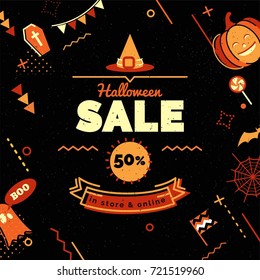 Halloween sale banner   Sale background in 80s memphis style with holiday symbols.  Sale vector illustration.
