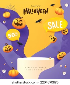 Halloween sale banner background design with product display cylindrical shape and Festive Elements Halloween.