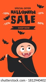 Halloween sale banner. Halloween background with pumpkin, zombie, monster, witch, black cats  and candy . Invitation flyer or template for a Halloween party. silhouette Vector illustration.