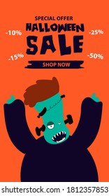 Halloween sale banner. Halloween background with tombstones, pumpkin, monster, haunted house and full moon. Invitation flyer or template for a Halloween party. silhouette Vector illustration.
