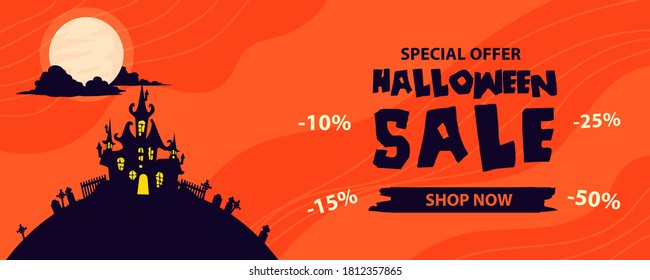 Halloween sale banner. Halloween background with tombstones, pumpkin, monster, haunted house and full moon. Invitation flyer or template for a Halloween party. silhouette Vector illustration.