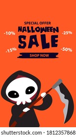 Halloween sale banner. Halloween background with tombstones, pumpkin, monster, haunted house and full moon. Invitation flyer or template for a Halloween party. silhouette Vector illustration.