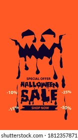 Halloween sale banner. Halloween background with tombstones, pumpkin, monster, haunted house and full moon. Invitation flyer or template for a Halloween party. silhouette Vector illustration.