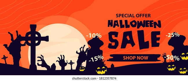 Halloween sale banner. Halloween background with tombstones, pumpkin, monster, haunted house and full moon. Invitation flyer or template for a Halloween party. silhouette Vector illustration.