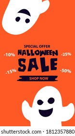 Halloween sale banner. Halloween background with tombstones, pumpkin, monster, haunted house and full moon. Invitation flyer or template for a Halloween party. silhouette Vector illustration.