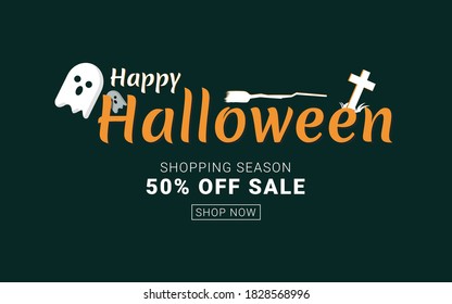 Halloween sale banner background. Vector cartoon, green banners with ghost. Halloween sale lettering design.