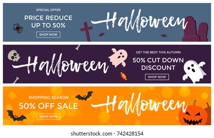 Halloween sale banner background. Vector cartoon orange, green and purple banners with pumpkin, ghost or skeleton skull and black bat on cross tombstone graveyard with Halloween sale lettering design