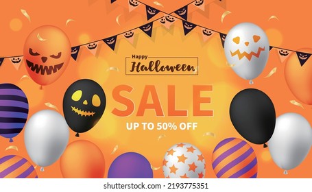 Halloween sale banner with halloween balloons, bunting and more