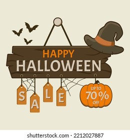 Halloween sale banner with bat, witch hat, pumpkin and spiderweb. Special offer symbol. Discount tag badge Vector Illustration. Perfect design for shop and sale banners