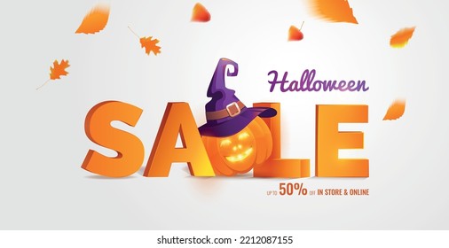 Halloween Sale Banner with big 3d letters Sale and holiday symbols Pumpkin and Witch Hat. Great for banner, voucher, offer, coupon, holiday sale. Vector illustration