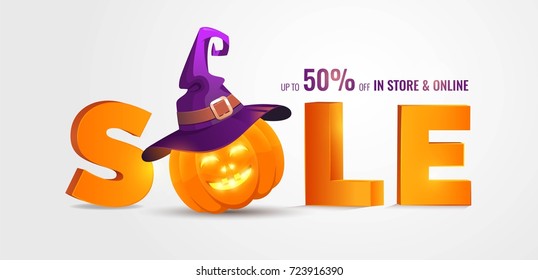 Halloween Sale banner with big 3d letters Sale and holiday symbols pumpkin and witch hat. Great for banner, voucher, offer, coupon, holiday sale. Vector illustration