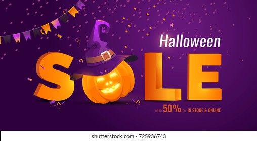 Halloween Sale banner with big 3d letters Sale and holiday symbols pumpkin and witch hat. Great for banner, voucher, offer, coupon, holiday sale. Vector illustration