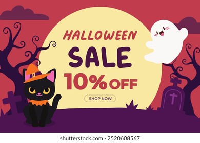 Halloween Sale Banner with Black Cat and Ghost. Cute Halloween Sale Design with Witch Cat and Ghost. 