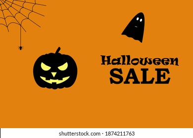 Halloween sale banner with black pumpkin, ghost, spiderweb and spider on orange background