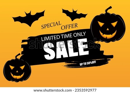 Halloween sale banner with black pumpkin and flying bets on bright orange background, special offer limited time only sale up to 50 percent off inscription.