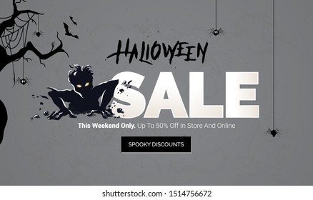 Halloween sale banner in black and white colors. Scary zombie getting out from ground. Vector illustrations