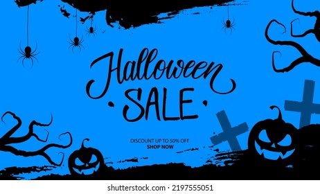 Halloween Sale banner with brush strokes, hand lettering text Halloween Sale and traditional Halloween holiday spooky symbols. Vector illustration.