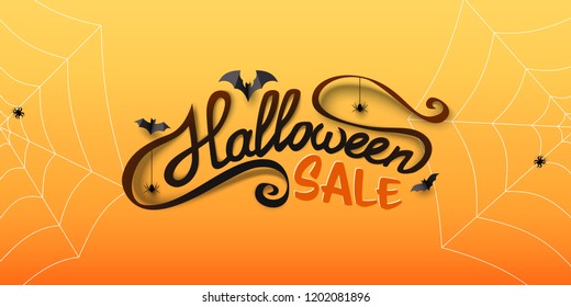 Halloween Sale banner with calligraphy text, paper bats, spiders, spiderwebs. Hand drawn lettering. Special offer banner template for holiday shopping. Vector Illustration. 