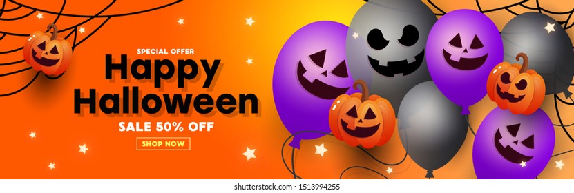 Halloween Sale banner with calligraphy text, paper bats, spiders, spiderwebs. Great for voucher, offer, coupon, holiday sale.
