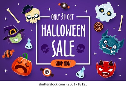 Halloween sale banner with cartoon emoji characters and trick or treat candies. Vector Halloween horror holiday pumpkin, witch, ghost, skull, vampire and werewolf characters special offer sale flyer