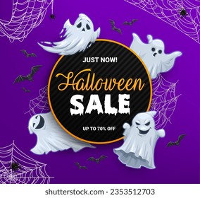 Halloween sale banner, cartoon scary ghosts and spiders on cobweb. Vector promo background for autumn holiday discount offer. Advertisement card with funny spirits, flying bats and spiderwebs