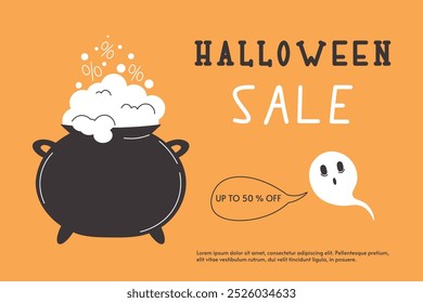 Halloween sale banner. Cauldron with percentage discounts and ghost. Witch's cauldron with potion. Orange background. Poisonous brew with bubbles. Hot discounts concept. Flat vector illustration.