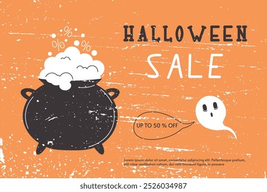Halloween sale banner. Cauldron with percentage discounts and ghost. Cauldron with potion. Poisonous brew with bubbles. Distressed grunge texture. Vector retro noise. Old grainy illustration.