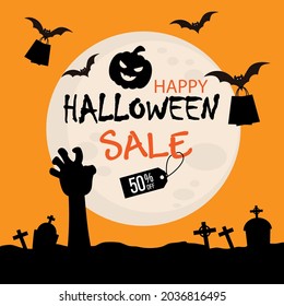 Halloween sale banner. Cemetery and bats with shopping bags