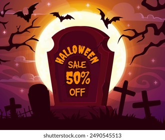 Halloween sale banner with cemetery tombstone and flying bats silhouettes on full moon sky vector background. Halloween holiday sale and trick or treat special offer flyer with midnight graveyard