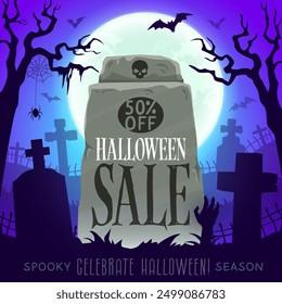 Halloween sale banner with cemetery tombstone. Vector ads background for autumn seasonal discount. Advertisement card with gravestone, moon, flying bats, creepy trees and spider at night graveyard