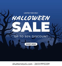 Halloween sale banner clipart background design. Sale limited time only shop now 50 percent discount for holiday season template with cemetery, bat, trees flat style dark blue background. Vector